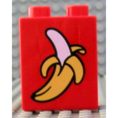 red duplo brick 1 x 2 x 2 with peeled banana pattern