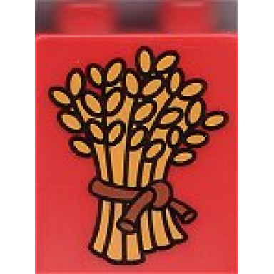 red duplo brick 1 x 2 x 2 with bundle of yellow wheat with plain brown rope pattern