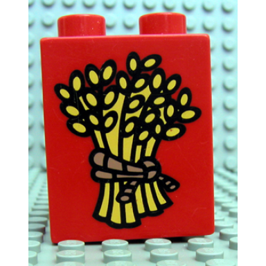 red duplo brick 1 x 2 x 2 with bundle of yellow wheat with braided brown rope pattern