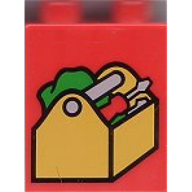 red duplo brick 1 x 2 x 2 with tool box pattern