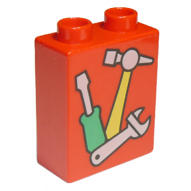red duplo brick 1 x 2 x 2 with tools with screwdriver hammer and wrench pattern