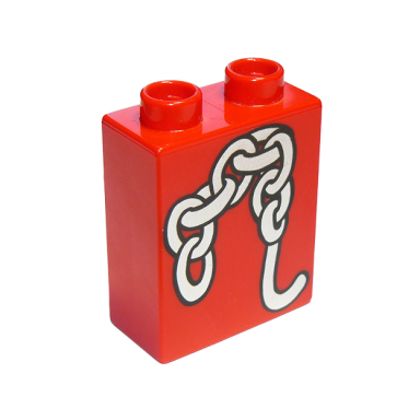 red duplo brick 1 x 2 x 2 with chains and hook pattern