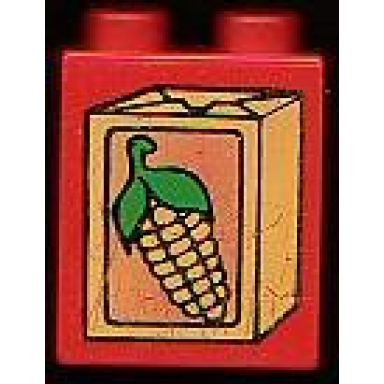 red duplo brick 1 x 2 x 2 with corn label on box pattern