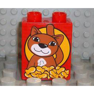red duplo brick 1 x 2 x 2 with cat and fish pattern