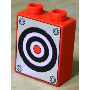 red duplo brick 1 x 2 x 2 with target pattern