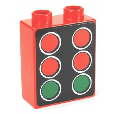 red duplo brick 1 x 2 x 2 with 4 red and 2 green starting lights pattern