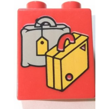 red duplo brick 1 x 2 x 2 with suitcases yellow and light gray pattern
