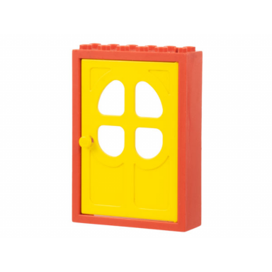 red door frame 2 x 6 x 7 with yellow fabuland door 1 x 6 x 7 with round pane in 4 sections 4071 4072