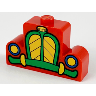 red brick modified 1 x 4 x 2 center stud top with yellow green and blue car grille headlights and bumper pattern