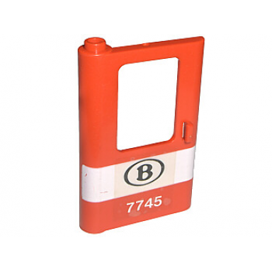 red door 1 x 4 x 5 train left thin support at bottom with white stripe and b 7745 pattern sticker - set 7745