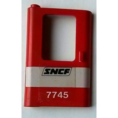 red door 1 x 4 x 5 train left thin support at bottom with white stripe and sncf 7745 pattern sticker - set 7745