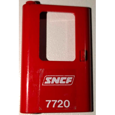 red door 1 x 4 x 5 train left thin support at bottom with white sncf 7720 pattern sticker - set 7720