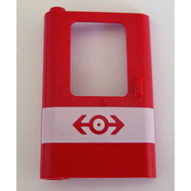 red door 1 x 4 x 5 train left thin support at bottom with white stripe and train logo pattern