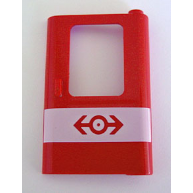 red door 1 x 4 x 5 train right thin support at bottom with white stripe and train logo pattern