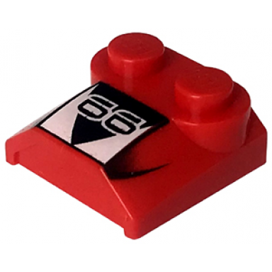 red slope curved 2 x 2 x 2 3 with 2 studs and curved sides lip end with stylized number 66 on black and white triangles pattern