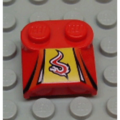 red slope curved 2 x 2 x 2 3 with 2 studs and curved sides lip end with red white flame on yellow black stripes pattern