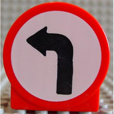 red duplo brick 1 x 2 x 2 round top with black left turning arrow on white background pattern