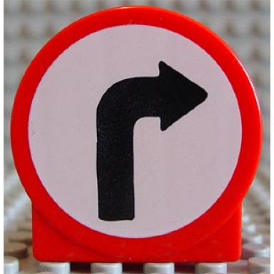 red duplo brick 1 x 2 x 2 round top with black right turning arrow on white background pattern
