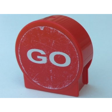 red duplo brick 1 x 2 x 2 round top with brake and go pattern on opposite sides stickers - set 4694