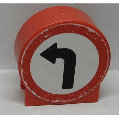red duplo brick 1 x 2 x 2 round top with black left turning arrow on white background pattern sticker - sets 9207 9211