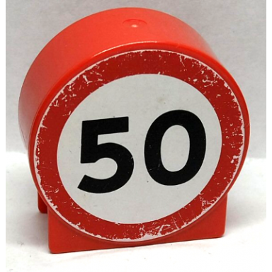 red duplo brick 1 x 2 x 2 round top with black 50 on white background pattern sticker - set 9211