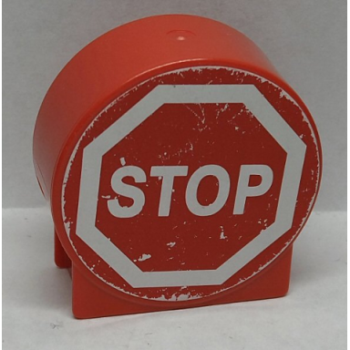 red duplo brick 1 x 2 x 2 round top with white stop in octagon pattern sticker - sets 9207 9211 stop sign