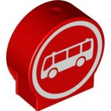 red duplo brick 1 x 2 x 2 round top with white bus in circle pattern
