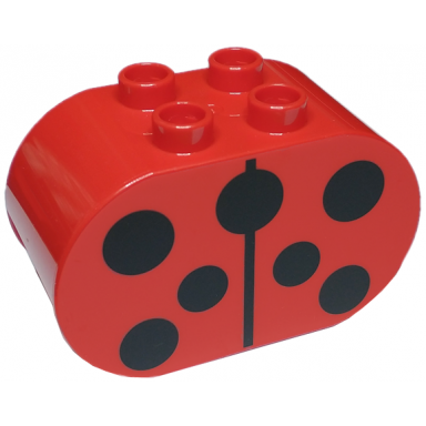 red duplo brick 2 x 4 x 2 rounded ends with black line and circles ladybug body pattern