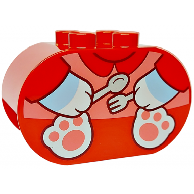 red duplo brick 2 x 4 x 2 rounded ends with bright light blue and white paws and hands holding silver fork and spoon coral top pattern