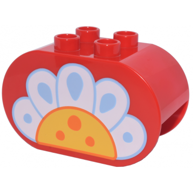 red duplo brick 2 x 4 x 2 rounded ends with bright light blue white yellow and orange daisy flower pattern