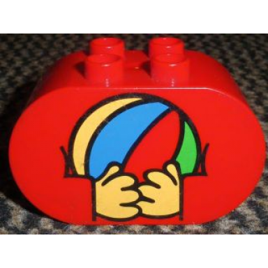 red duplo brick 2 x 4 x 2 rounded ends with hands holding ball pattern