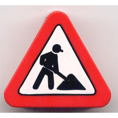 red duplo brick 1 x 3 x 2 triangle road sign with construction worker pattern