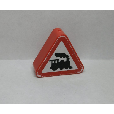 red duplo brick 1 x 3 x 2 triangle road sign with steam engine pattern sticker - set 9211