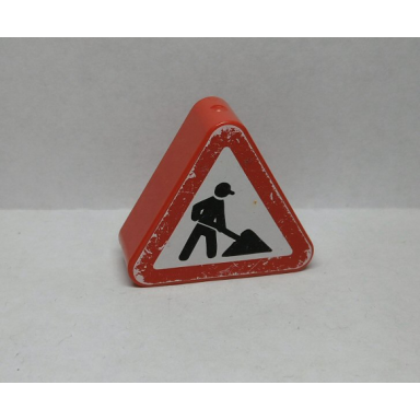 red duplo brick 1 x 3 x 2 triangle road sign with construction worker pattern sticker - sets 9207 9211