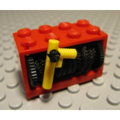red string reel 2 x 4 x 2 holder with black drum with black string medium and yellow hose nozzle elaborate 4209 4208 x77c 60849