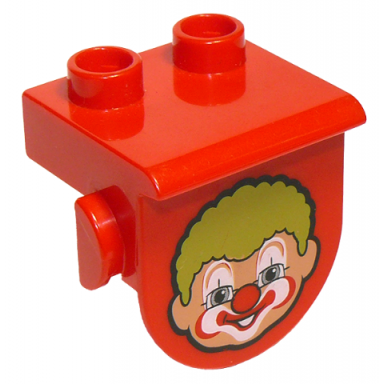 red duplo plate 1 x 2 with overhang with clown face pattern