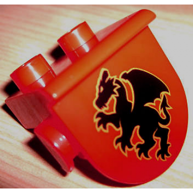 red duplo plate 1 x 2 with overhang with black dragon pattern