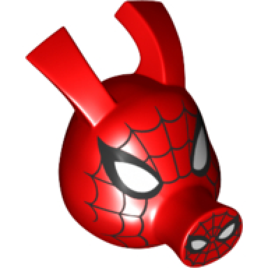 red minifigure head modified pig long snout and ears with black spider-man web white eyes and nostrils pattern spider-ham