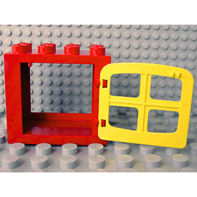 red duplo door window frame 2 x 4 x 3 flat front surface with yellow door window with 4 panes 4253 4809