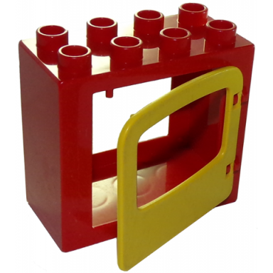 red duplo door window frame 2 x 4 x 3 flat front surface with yellow door window with single pane and interior top clip 4253 4247