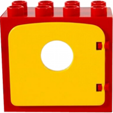 red duplo door window frame 2 x 4 x 3 flat front surface with yellow door window with porthole 4253 4248