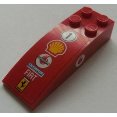 red slope curved 6 x 2 with number 1 in circle shell vodafone olympus fiat and ferrari logos on top vodafone logo on both sides pattern stickers - sets 8672 8673