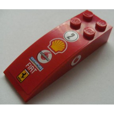 red slope curved 6 x 2 with number 2 in circle shell vodafone olympus fiat and ferrari logos on top vodafone logo on both sides pattern stickers - sets 8672 8673