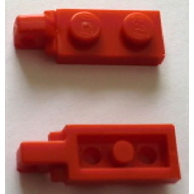 red hinge plate 1 x 2 locking with 1 finger on end with bottom groove