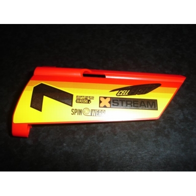 red technic panel fairing 20 large long small hole side a with chrome 7 and racing logos on orange and yellow pattern sticker - set 8146
