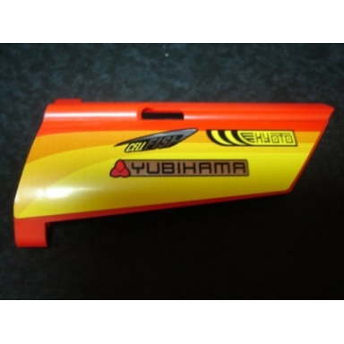 red technic panel fairing 20 large long small hole side a with racing logos on orange and yellow pattern sticker - set 8146