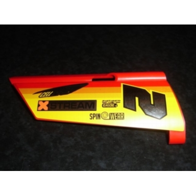 red technic panel fairing 21 large long small hole side b with chrome 2 and racing logos on orange and yellow pattern sticker - set 8146