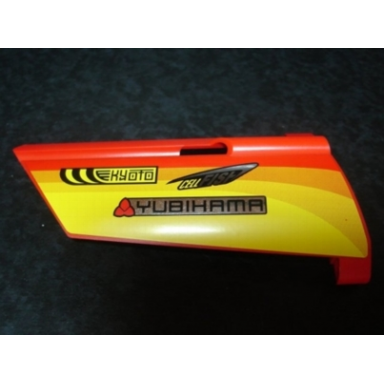 red technic panel fairing 21 large long small hole side b with racing logos on orange and yellow pattern sticker - set 8146
