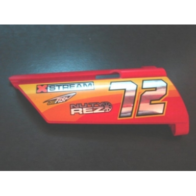 red technic panel fairing 21 large long small hole side b with chrome 72 and racing logos on orange and yellow pattern sticker - set 8146