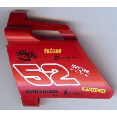 red technic panel fairing 23 large short small hole side b with number 52 and sponsor logos pattern sticker - set 8167